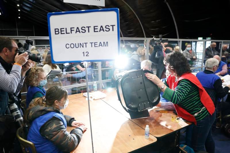 Election staff begin to count votes in Belfast after the Northern Ireland Assembly election. AP
