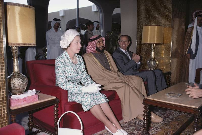 Founding Father Sheikh Zayed flanked by Queen Elizabeth ll and Prince Philip before a lunch at the Hilton hotel in Abu Dhabi in February 1979. Getty Images