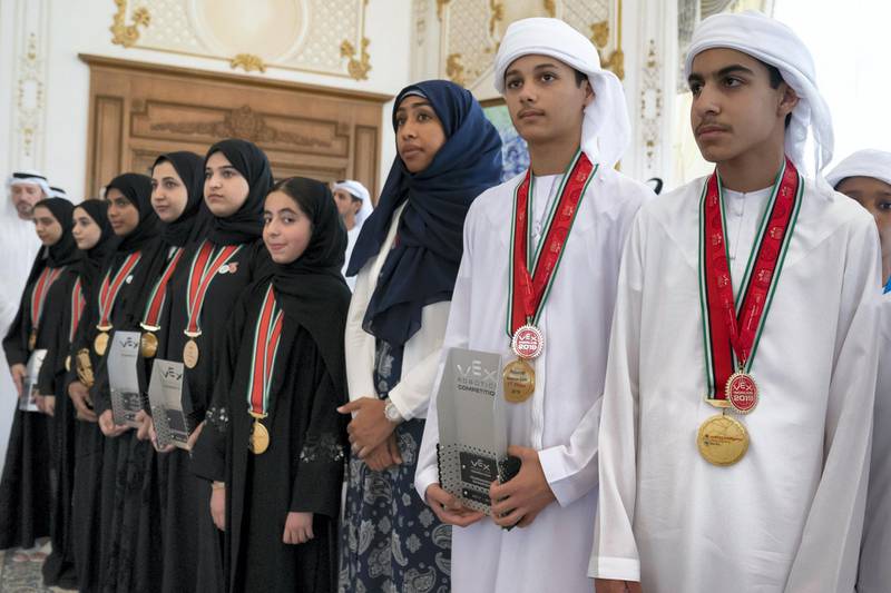 ABU DHABI, UNITED ARAB EMIRATES - June 24, 2019: The UAE School students who won the second place in the World Championship of Artificial Intelligence and Robot Fix, which was held in Kentucky, USA, attend a Sea Palace barza.

( Hamad Al Kaabi  / Ministry of Presidential Affairs )
---