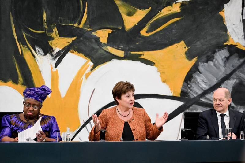 From left, Ngozi Okonjo-Iweala, director general of the World Trade Organisation, International Monetary Fund managing director Kristalina Georgieva and German Chancellor Olaf Scholz at a press conference in Berlin. EPA
