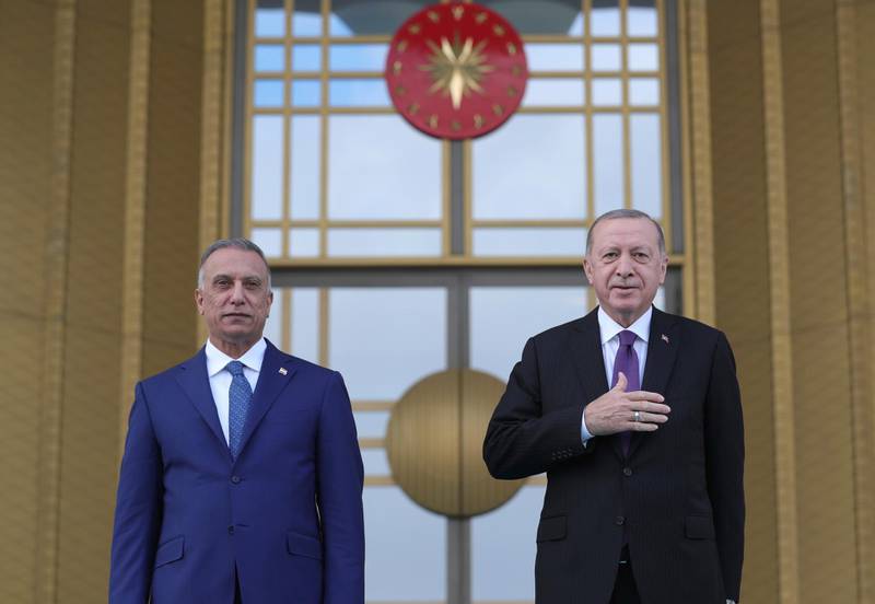Turkish President Recep Tayyip Erdogan and Iraqi Prime Minister Mustafa Al Kadhimi at the presidential palace in Ankara. AP