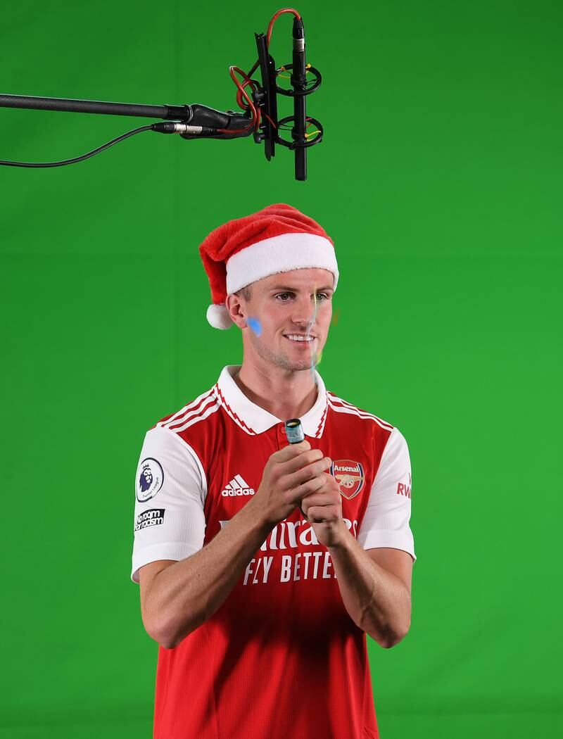 Arsenal's Rob Holding wears a Christmas hat. Getty