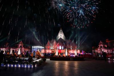 Fireworks for the opening ceremony of the Baps Swaminarayan Akshardham temple in Robbinsville, New Jersey. AFP