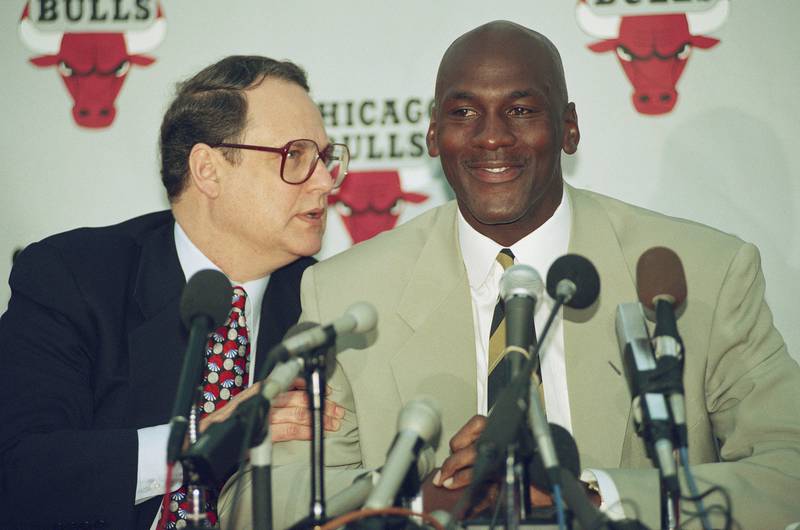 Jordan with Bulls team owner Jerry Reinsdorf at his retirement day press conference. AP