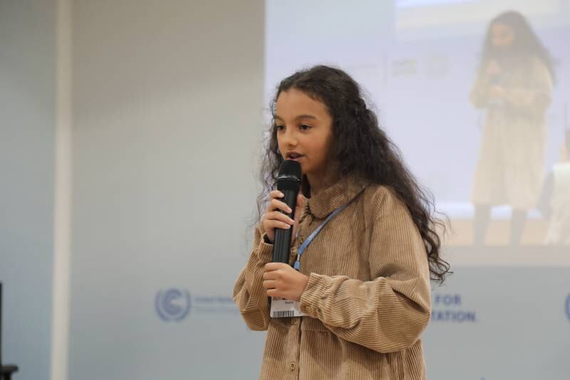 Revan Ahmed, 12, speaks at at Cop27 in Sharm El Sheikh, Egypt. Photo: Dalia Younis / Unicef