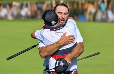 Max Homa, right, and Brian Harman of Team USA celebrate winning their foursomes match on the second day of the 2023 Ryder Cup. EPA