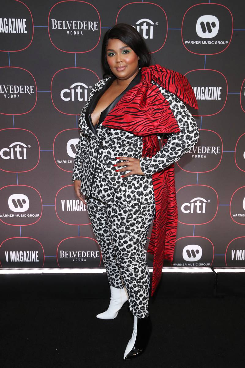 Lizzo in leopard and tiger print on February 7, 2019, in Los Angeles, California. Getty Images