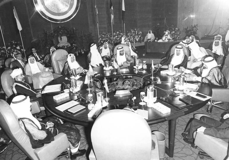 The first GCC meeting at the InterContinental hotel in Abu Dhabi 1981.

Courtesy Al Ittihad newspaper *** Local Caption ***  AA4.jpg