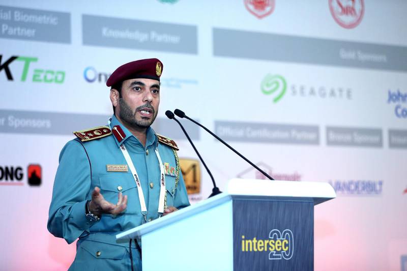 Dubai, United Arab Emirates, January 21, 2018, Intersec Fire Conference, Al Multaqua Ballroom, Dubai International Convention Centre. 
Brig. Rashid Khalifa Alfalasi, Assistant Director General for Fire and Rescue, General Directorate of Civil Defence, Dubai, talks about the importance of community first response on disasters, fires and other emergency situations.
Victor Besa / The National
