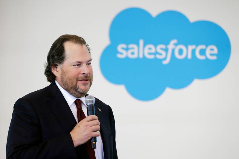 FILE - In this May 16, 2019, file photo, Salesforce chairman Marc Benioff speaks during a news conference, in Indianapolis. In a deal announced Tuesday, Dec. 1, 2020, business software pioneer Salesforce.com is buying work-chatting service Slack for $27.7 billion in a deal aimed at giving the two companies a better shot at competing against longtime industry powerhouse Microsoft. (AP Photo/Darron Cummings, File)