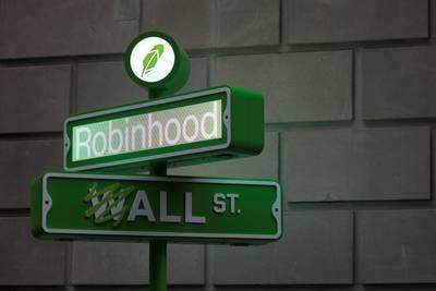 The logo of Robinhood at a pop-up event on Wall Street after the company's IPO in New York.  Reuters