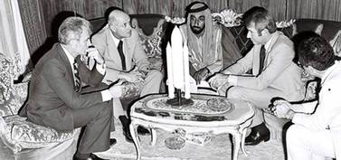 UAE Founding Father Sheikh Zayed meets with three American astronauts in February 1976.