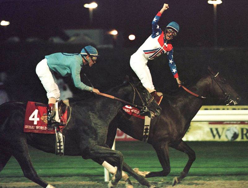 Jerry Bailey on Cigar celebrates after edging out Soul of the Matter to win the $4 million Dubai World Cup race in in March 1996. Horse of the Year Cigar claimed the $2.4 million first prize with its 14th consecutive victory. Allsport