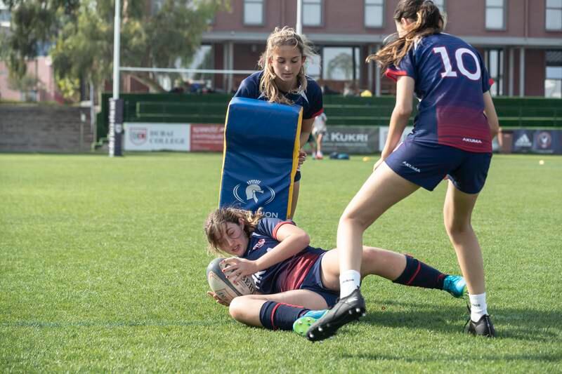  Dubai College Girls rugby team training ahead of trip to Rosslyn Park Sevens in the UK. 