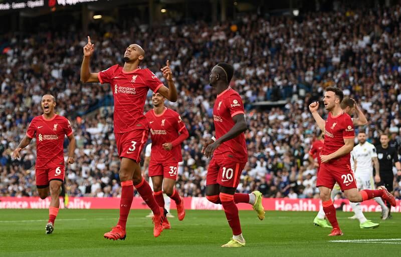 Fabinho celebrates after scoring for Liverpool. Getty