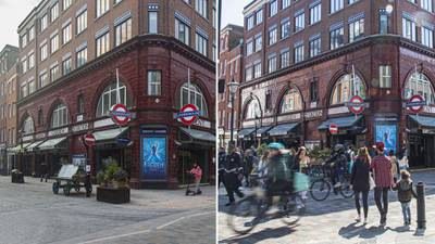 Covent Garden tube station in central London in February (left) and April 2021. Rob Greig for The National