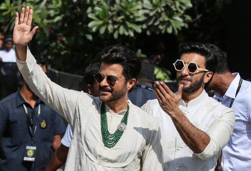 Bollywood actor and father of the bride, Anil Kapoor (L) and Bollywood actor Ranveer Singh arrive to attend the wedding ceremony of  Bollywood actress Sonam Kapoor in Mumbai, India, 08 May 2018. The 32-year-old actress got married to Indian  businessman Anand Ahuja in a sikh wedding at her aunt's Mumbai mansion Rockdale.  EPA/DIVYAKANT SOLANKI