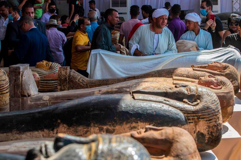 Sarcophaguses, excavated by the Egyptian archaeological mission, displayed during a press conference  at the Saqqara necropolis, 30 kms south of the Egyptian capital Cairo, which resulted in the discovery of a deep burial well with more than 59 human coffins closed for more than 2,500 years. AFP