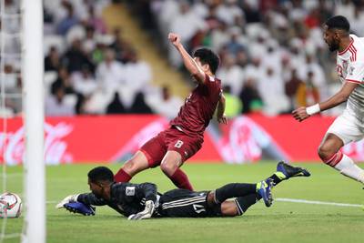 Al Ain, United Arab Emirates - January 14, 2019: Thitiphan Puangjan of Thailand battle during the game between UAE and Thailand in the Asian Cup 2019. Monday, January 14th, 2019 at Hazza Bin Zayed Stadium, Al Ain. Chris Whiteoak/The National