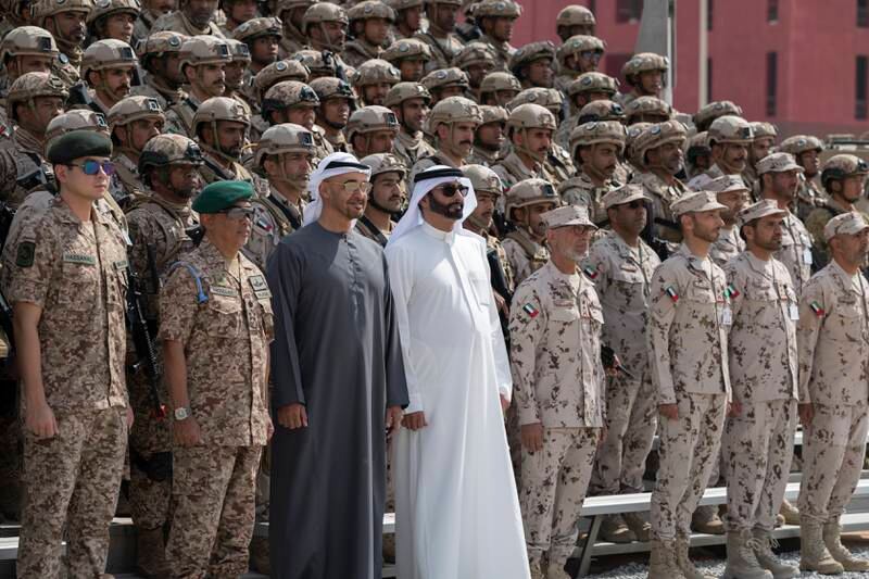 Sheikh Mohamed and Sultan Abdullah with their military forces at Al Hamra Camp. Also pictured are Malaysia's Crown Prince Tengku Alam Shah, UAE Armed Forces Chief of Staff Lt Gen Issa Al Mazrouei and Minister of State for Defence Affairs Mohammed Al Bowardi
