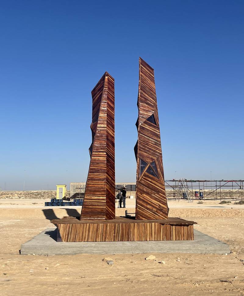 A pair of wooden installations on display.