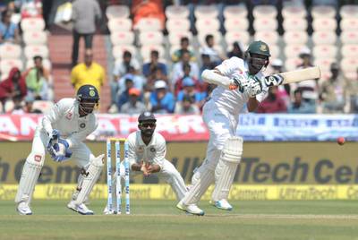 Bangladesh’s Shakib Al Hasan scored his 21st Test fifty before getting out for 82 against India at Hyderabad on Saturday. Noah Seelam / Getty Images