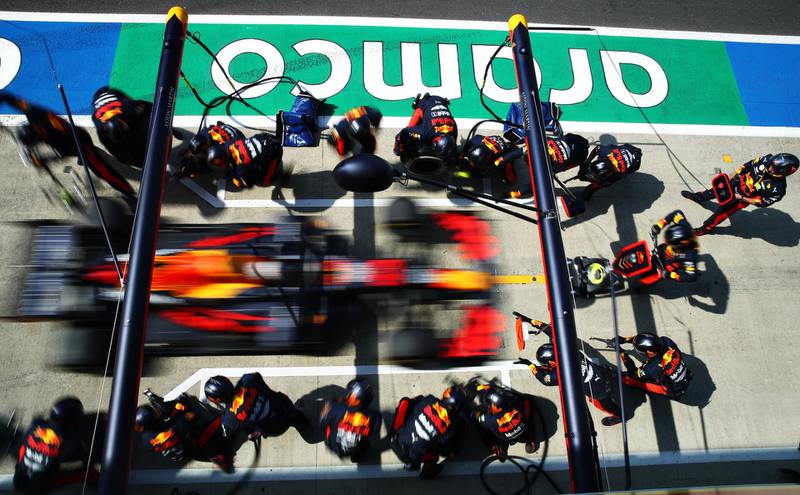 Rud Bull driver Max Verstappen makes a pitstop on his way to victory in the F1 70th Anniversary Grand Prix at Silverstone on Sunday, August 9. Getty