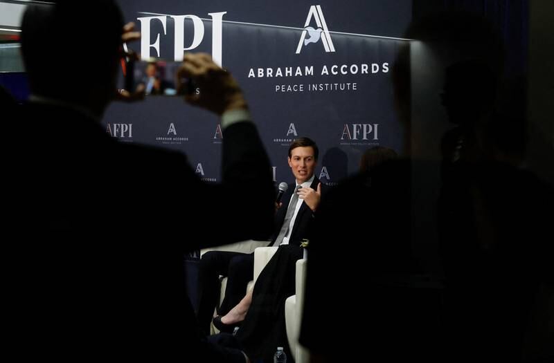 Mr Kushner speaks about the Abraham Accords during an event at the Donald Trump-affiliated America First Policy Institute in Washington. Reuters