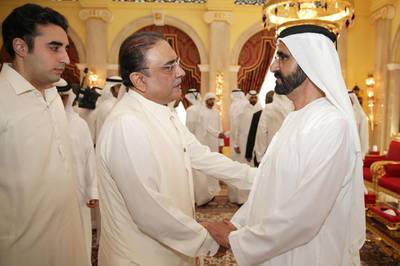 The Vice President and Ruler of Dubai accepts the condolences of Pakistani president Asif Ali Zardari. Wam