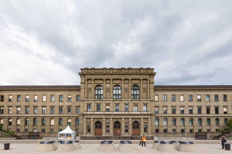 2C3M415 Rear view of the main building of famous university Swiss Federal Institute of Technology in Zurich (ETH Zurich) from Polyterasse on a cloudy day, Zur