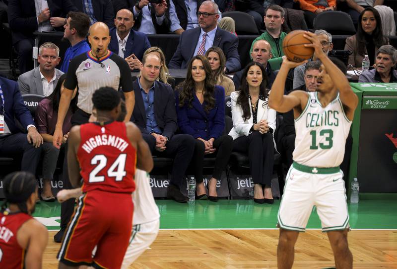 The Prince and Princess of Wales look on as Malcolm Brogdon of the Boston Celtics shoots the ball during the game. AP