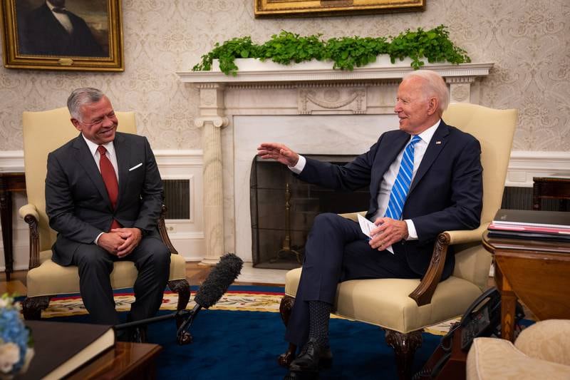 His Majesty King Abdullah II Ibn Al Hussein, King of the Hashemite Kingdom of Jordan, and U. S.  President Joe Biden sit during a meeting inside the Oval Office at the White House in Washington.