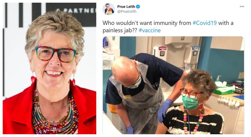 The ‘Great British Bake Off’ host Prue Leith, 80, called the jab ‘painless’ and said she was ‘absolutely delighted’ to receive it in her native UK. Getty Images, Twitter