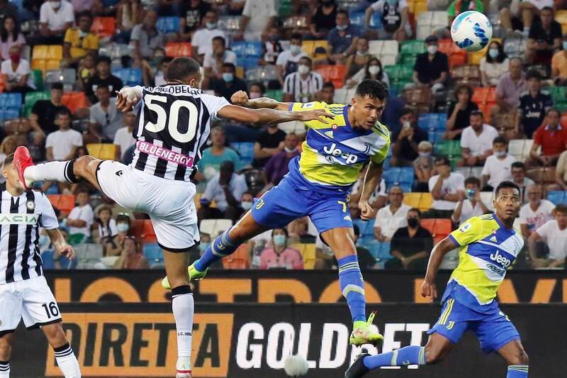 Juventus's Cristiano Ronaldo scores a goal that was later disallowed during the Serie A soccer match with Udinese at the Dacia Arena in Udine, Italy, on Sunday. AP