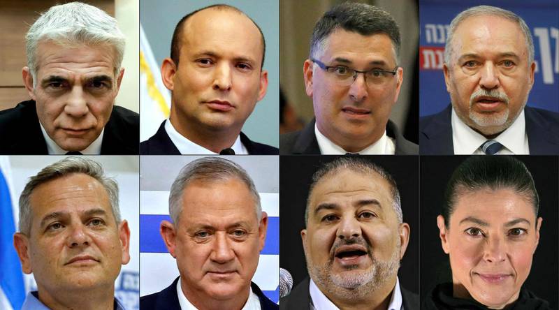 Clockwise from top left, the new coalition is made up of: Yesh Atid, led by Yair Lapid; Yamina, led by Naftali Bennett; New Hope, led by Gideon Sa'ar; Israel Beiteinu led by Avigdor Lieberman; the Israeli Labour Party, led by Merav Michaeli; Ra'am, led by Mansour Abbas; Blue and White, led by Benny Gantz; and Meretz, led by Nitzan Horowitz. AFP 