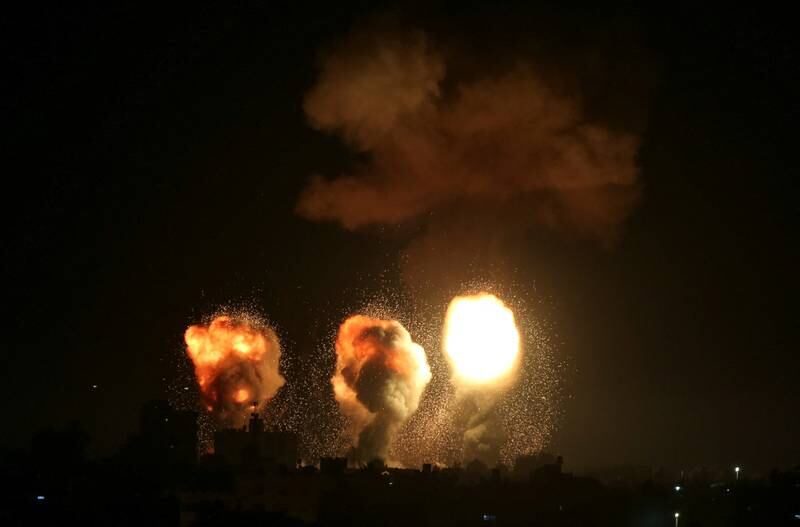 Smoke and flames rise during an Israeli air strike in the Gaza Strip. Reuters
