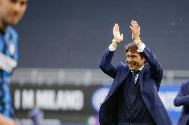 FILE - In this Saturday, May 8, 2021 file photo, Inter Milan head coach Antonio Conte celebrates at the end of a Serie A soccer match between Inter Milan and Sampdoria, at Milan's San Siro stadium, Saturday, May 8, 2021. Inter Milan coach Antonio Conte left the newly-crowned Serie A champion by â€œmutual consentâ€ Wednesday, May 26, 2021 just weeks after leading the Nerazzurri to their first league title in more than a decade. Conte was reportedly unhappy about the clubâ€™s decision to sell players in this coming transfer window because of financial constraints. (AP Photo/Luca Bruno)