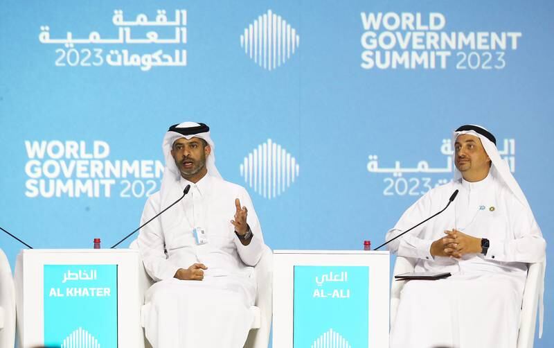 Left to Right - Nasser Al-Khater, Chief Executive Officer, FIFA World Cup Qatar 2022 and Najeeb AlAli, Executive Director, Expo 2020 Bureau speaking during the session on Hosting Major Events: An Arab Success Story at the World Government Summit held at Madinat Jumeirah in Dubai. Pawan Singh / The National