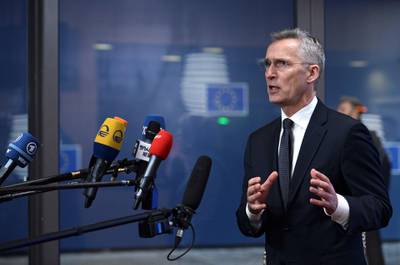 NATO Secretary General Jens Stoltenberg holds a news conference ahead of a European Union foreign ministers emergency meeting to discuss ways to try to save the Iran nuclear deal, in Brussels, Belgium, January 10, 2020. REUTERS/Johanna Geron