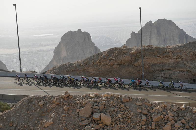 The Peloton during Stage 3 of the UAE Tour that finished in Jebel Hafeet on Tuesday, February 23. The stage was won by UAE Team Emirates rider Tadej Pogacar. AP