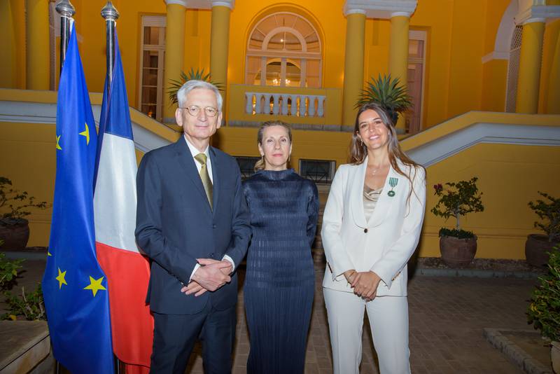 El Dibany with the French ambassador to Egypt, Marc Barety, and his wife after being awarded the prestigious Ordre des Arts et des Lettres.