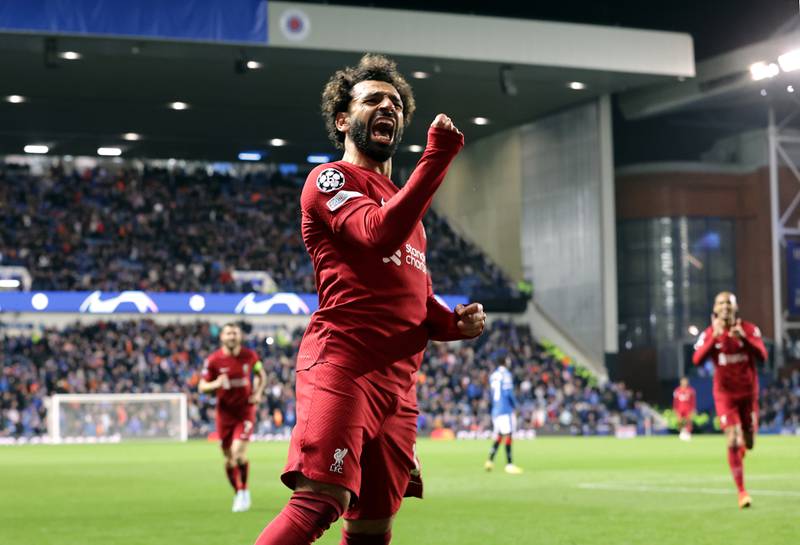 Mohamed Salah celebrates scoring Liverpool's sixth goal to complete his hat-trick in the 7-1 Champions League win against Rangers at Ibrox Stadium, Glasgow, on October 12, 2022. PA