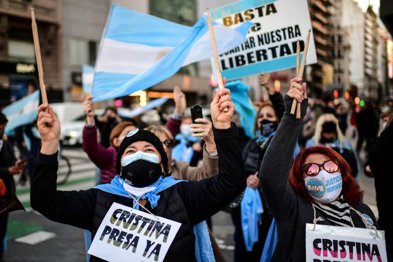 Demonstrators take part in a protest against the Covid-19 lockdown imposed by Argentina's government, in the capital Buenos Aires. AFP