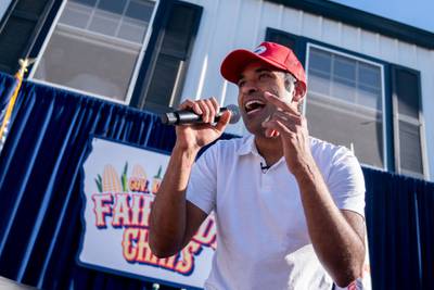 US presidential hopeful Vivek Ramaswamy raps at the Iowa State Fair. AFP