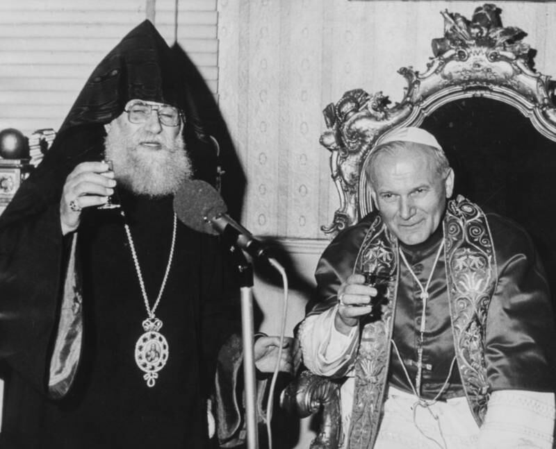 Pope John Paul II (Karol Wojtyla) and Patriarch Athenagoras of Istanbul meet in Turkey in December 1979. Getty Images
