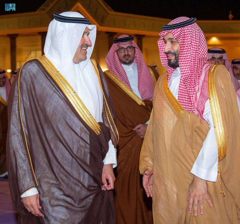 Prince Faisal bin Salman, governor of Madinah, and Prince Saud bin Khalid Al Faisal (C), deputy governor, welcome Mohammed bin Salman, Crown Prince of Saudi Arabia, to Quba Mosque.