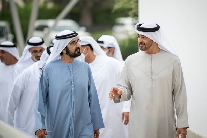 President Sheikh Mohamed and Sheikh Mohamed bin Rashid, Vice President and Ruler of Dubai, congratulated India on its 75th Independence Day. Photo: Presidential Court
---