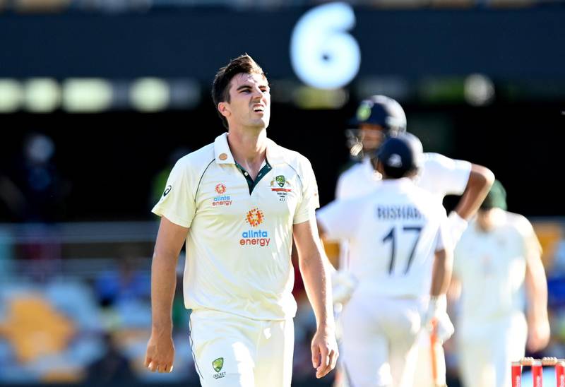 Pat Cummins looks frustrated after Washington Sundar hits a six during day five of the 4th Test. Getty Images