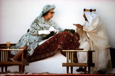The queen with the emir of Bahrain at a horse and camel race meeting in 1979.  Getty