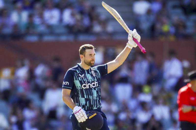 Dawid Malan of England celebrates after scoring a century during the one day international against Australia in Adelaide on November  17, 2022. AAP